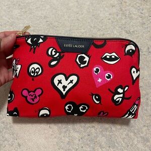 Brand New Estée Lauder Top-zip Canvas Cosmetic Bag/Makeup Case With Heart Prints
